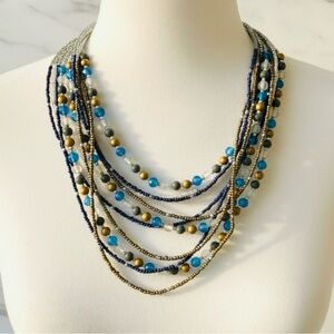 Vintage Egypt-Inspired Statement Necklace | Layered Turquoise Navy Gold Beads